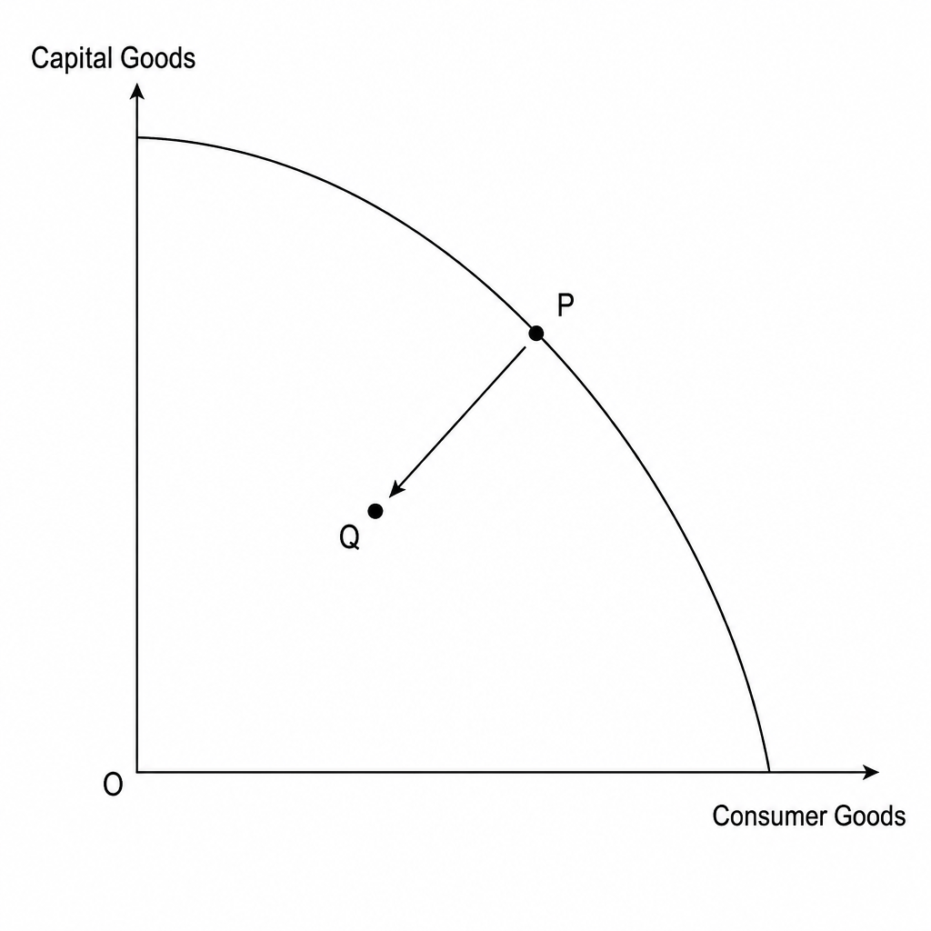 A production possibility frontier (PPF) diagram showing a shift from Point P on the curve to Point Q inside the curve.