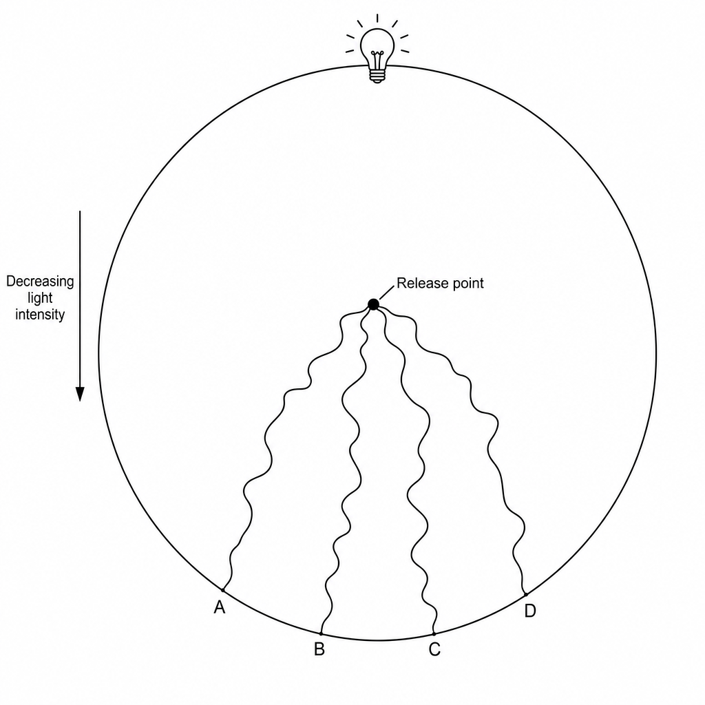 A circular arena with a light source at the top. A black dot at the center represents the release point of the woodlice. An arrow on the left points downwards, labeled 'Decreasing light intensity'. There are four wavy tracks representing the paths of woodlice A, B, C, and D. All four tracks begin at the center dot and snake downwards, away from the light source, ending near the bottom edge of the circle.