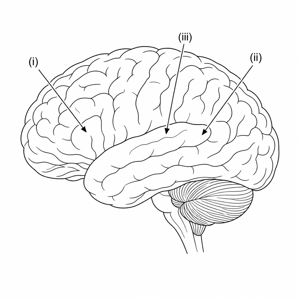 A lateral view of the left hemisphere of the human brain with three specific functional areas highlighted with arrows: arrow (i) points to the lower posterior portion of the frontal lobe, arrow (ii) points to the posterior temporal lobe, and arrow (iii) points to the superior temporal gyrus.