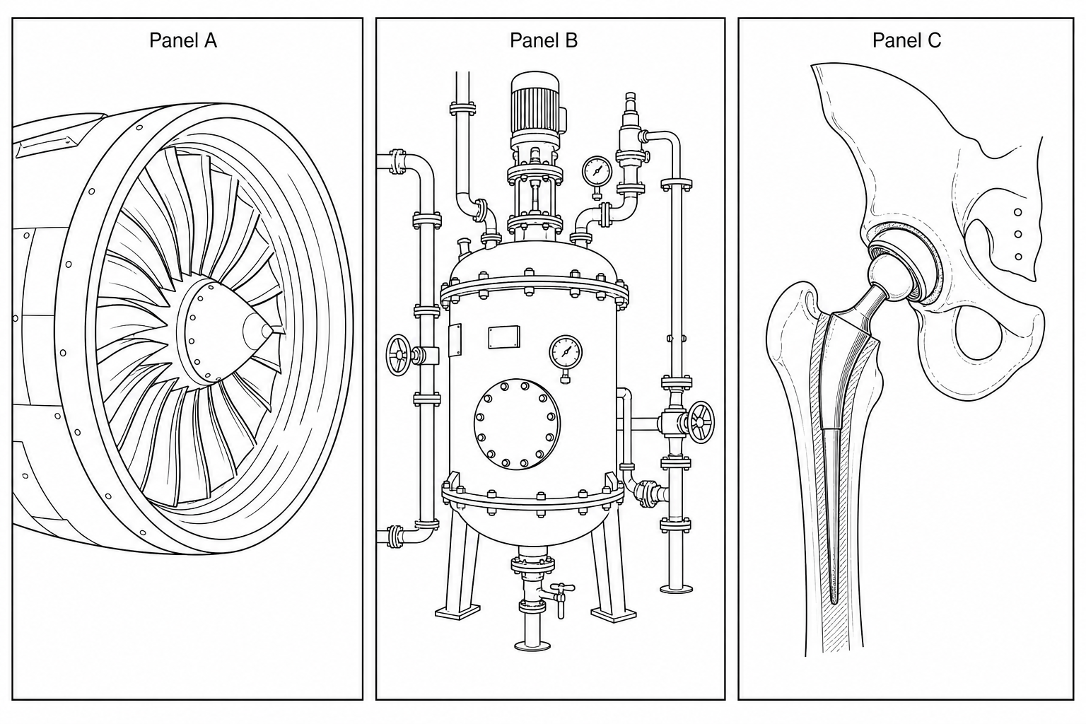 Three panels showing uses of titanium metal: Panel A shows a jet engine turbine; Panel B shows an industrial chemical reactor; Panel C shows a prosthetic hip replacement joint.