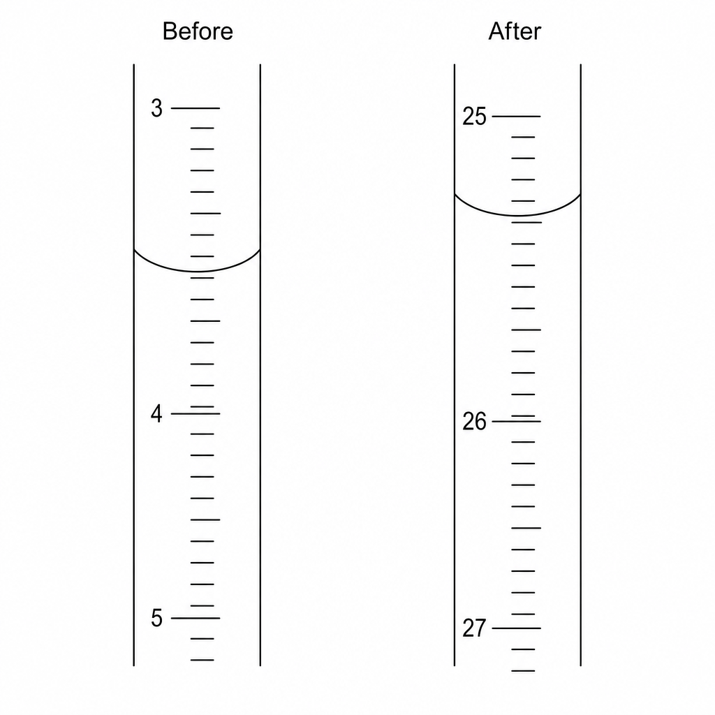 Two vertical diagrams showing a portion of a burette scale.
