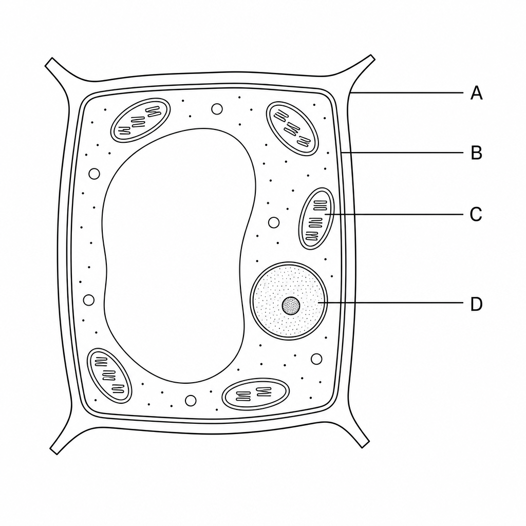 A plant cell with labels A, B, C, and D