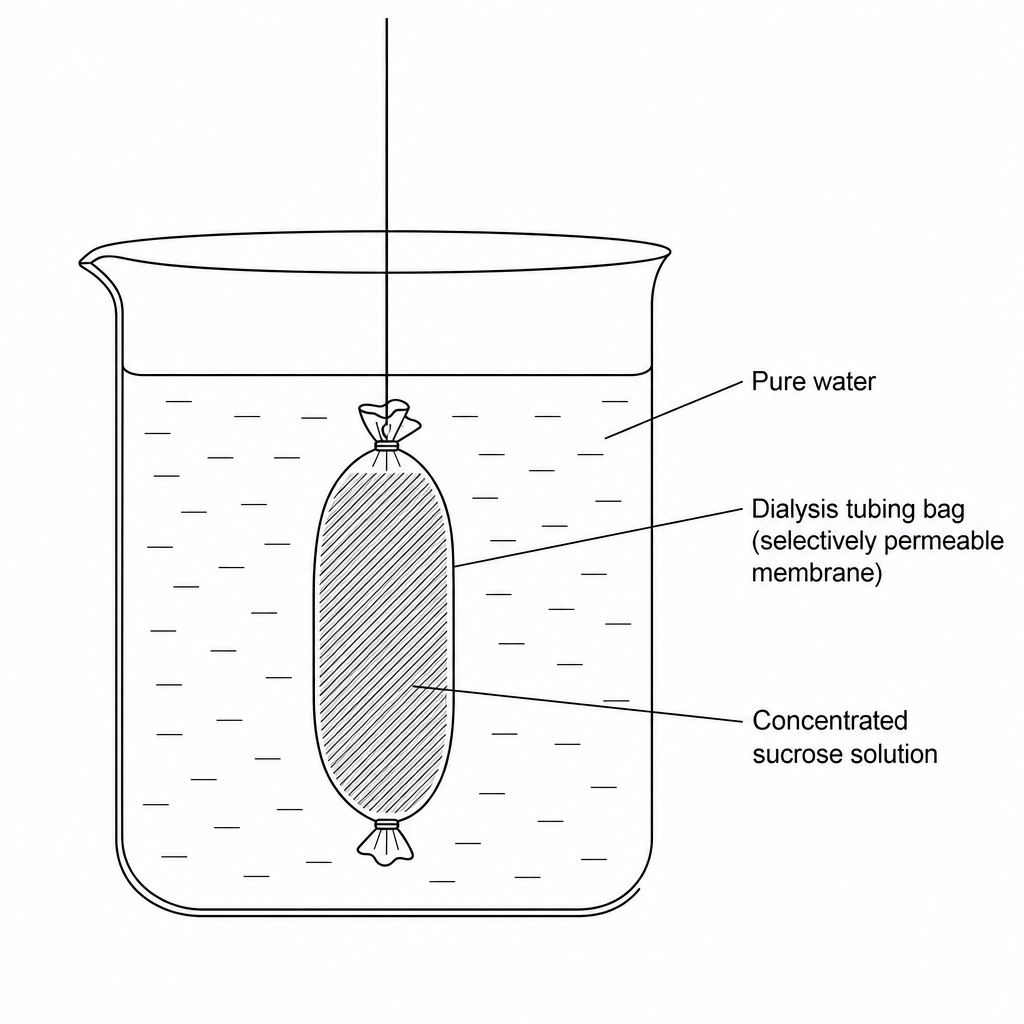 A diagram of a beaker filled with pure water. Suspended inside the beaker is a sealed bag made of dialysis tubing. The dialysis tubing bag is filled with a dark shaded liquid representing a concentrated sucrose solution.