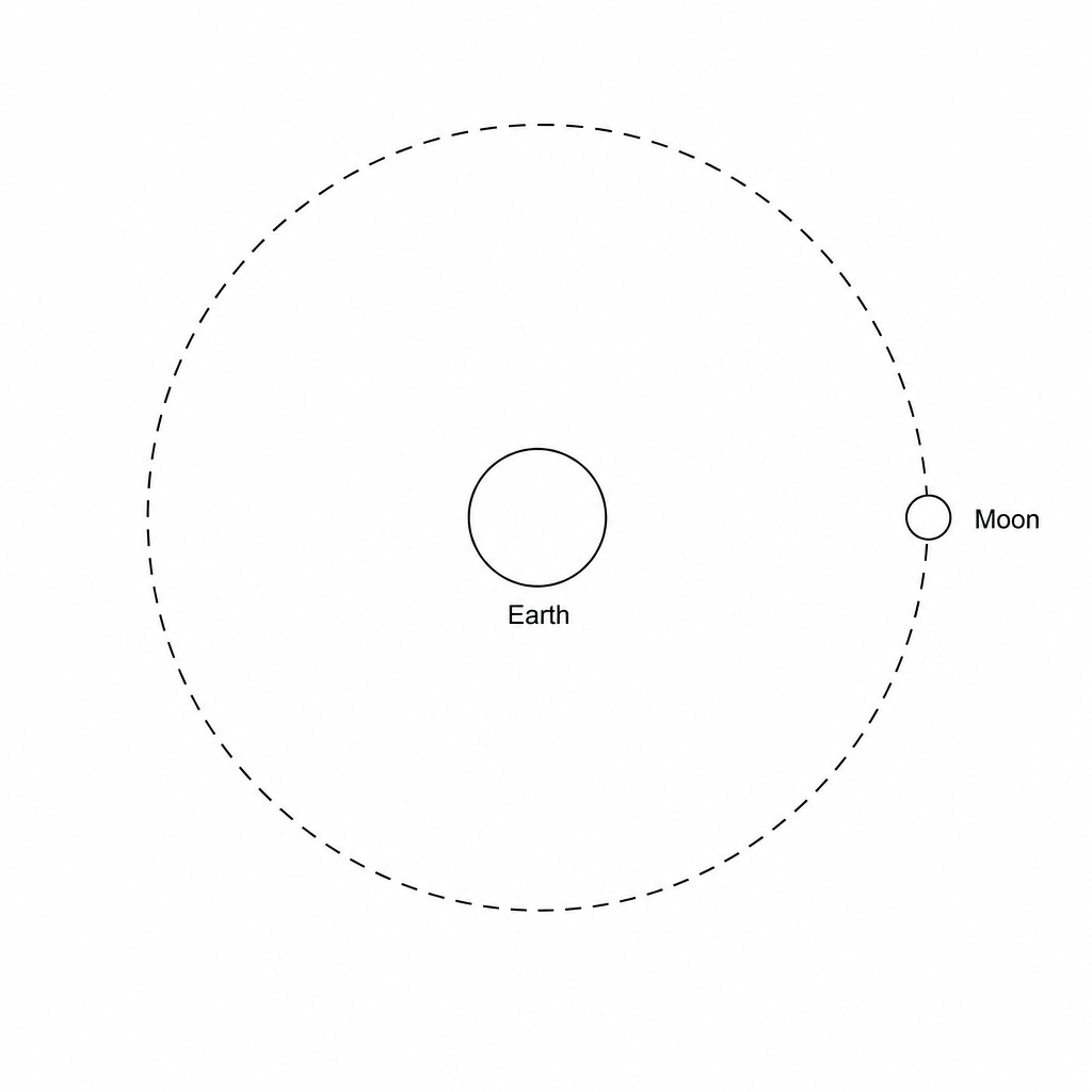 A diagram showing the Earth at the centre with the Moon orbiting it in a circular path. A dashed circular line represents the orbit, and the Moon is located at the 3 o'clock position relative to the Earth.