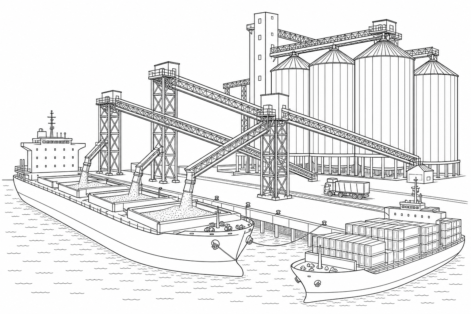 Figure 8c: A modern, high-capacity bulk terminal at a port in Brazil, showing large cargo vessels being loaded with grains and soybeans for export to international markets. Multiple conveyor belts and storage silos connect the agricultural hinterland directly to ocean-going ships.