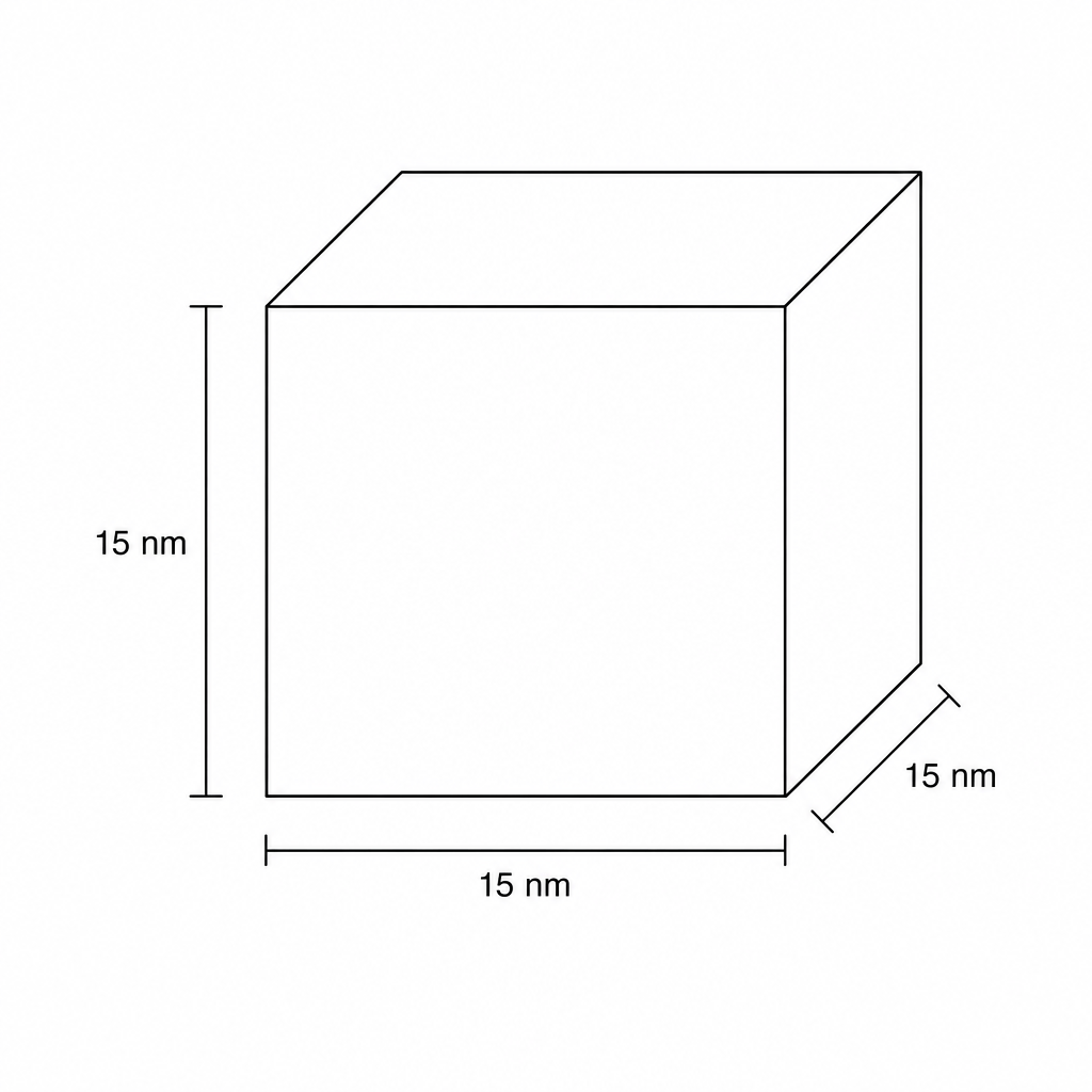 A 3D line drawing of a cubic nanoparticle with a side length of 15 nm