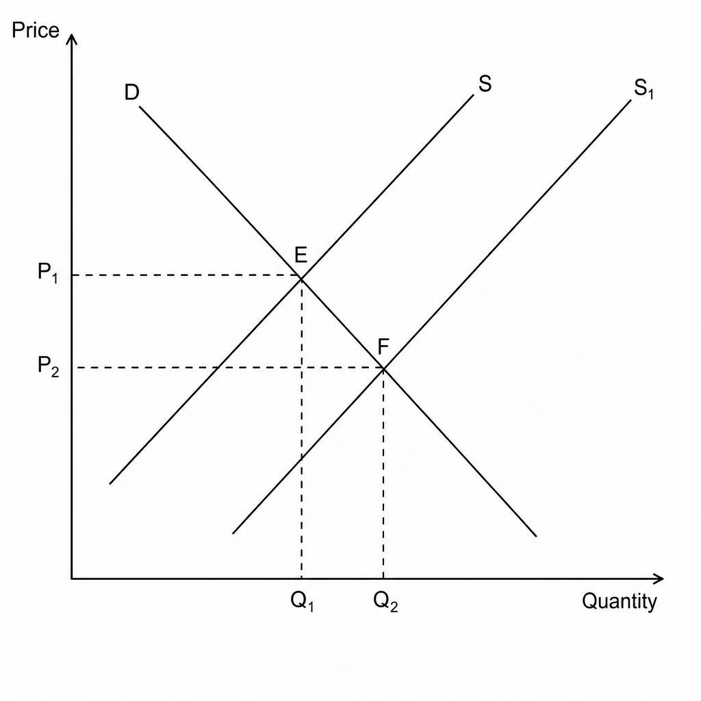 Supply and demand diagram showing shift in supply from S to S1