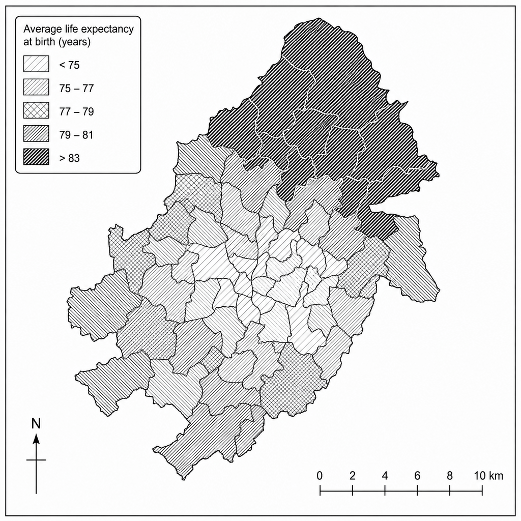 Figure 1: Average life expectancy at birth across electoral wards in Birmingham