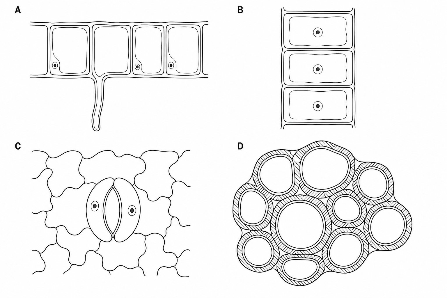 Diagram showing four different plant cell types labeled A, B, C, and D