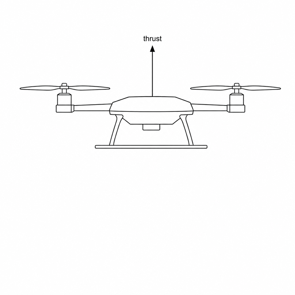 An autonomous quadcopter drone shown with a force arrow pointing vertically upwards from its center, labelled 'thrust'.