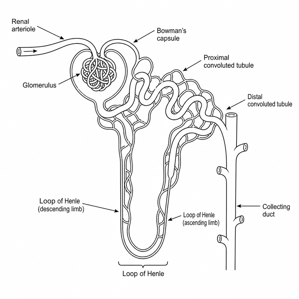 A detailed schematic diagram of a single nephron. On the left, a branch of the renal artery (afferent arteriole) enters a knot of capillaries called the glomerulus, which is cupped by the Bowman's capsule. The capsule leads into a winding proximal convoluted tubule, which descends into the medulla as the loop of Henle, climbs back up as the distal convoluted tubule, and finally joins a vertical collecting duct. A network of blood capillaries closely surrounds the tubules and collecting duct, illustrating the pathway for exchange between blood vessels and the tubule lumen.