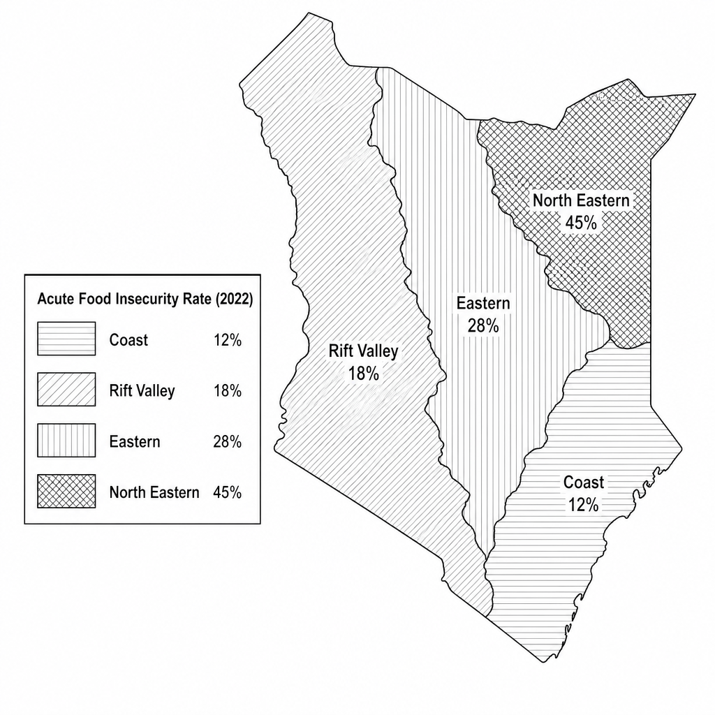 Figure 1: Regional map of Kenya showing acute food insecurity rates in 2022.