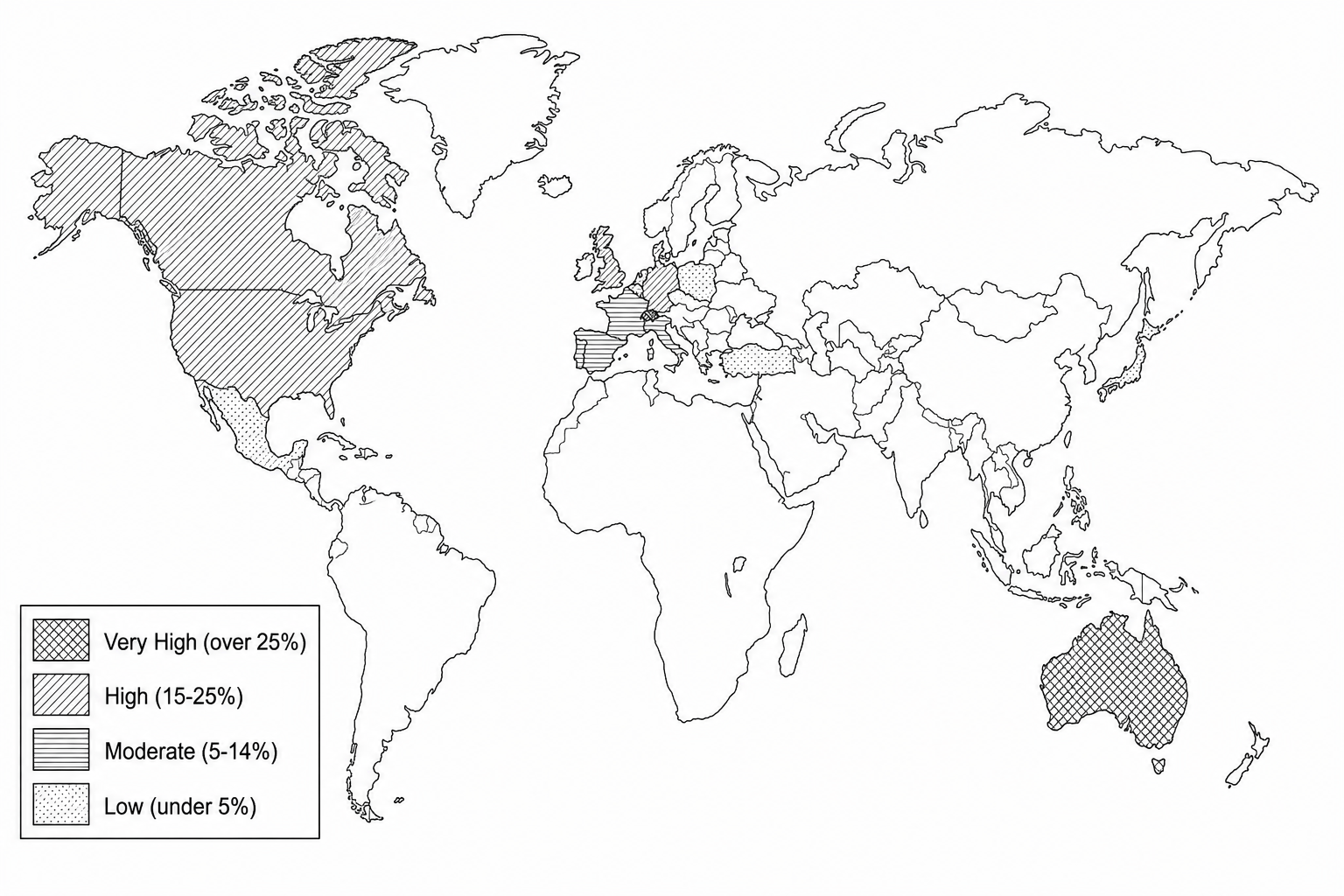 Figure 8a: Choropleth map of selected OECD countries showing the percentage of the workforce who are foreign-born in 2022. Very High (over 25%): Australia, Switzerland, Luxembourg. High (15-25%): Canada, Germany, United Kingdom, United States. Moderate (5-14%): Spain, France, Italy. Low (under 5%): Japan, Poland, Mexico, Turkey. 
