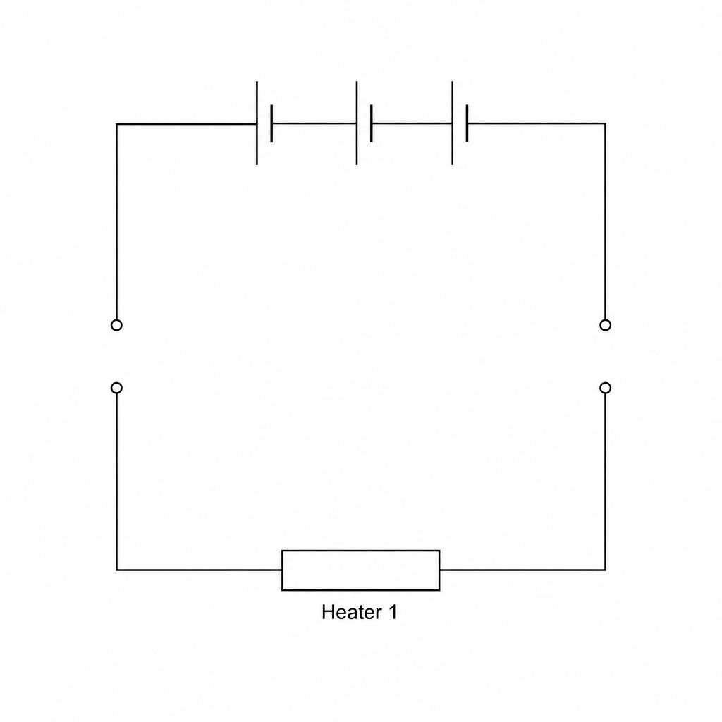 An incomplete circuit template showing a battery at the top and Heater 1 at the bottom.