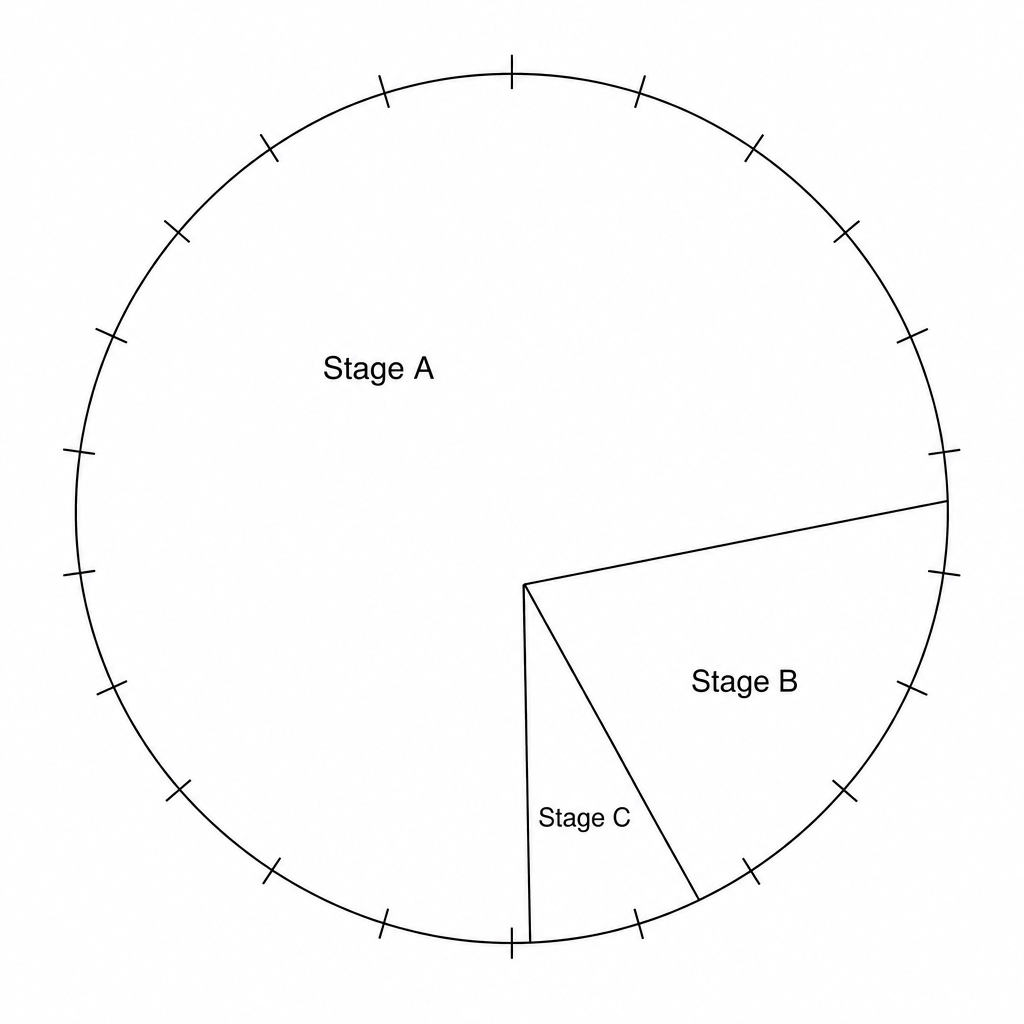 A pie chart representing a cell cycle with 20 equal sectors. Stage A covers 16 sectors, Stage B covers 3 sectors, and Stage C covers 1 sector.