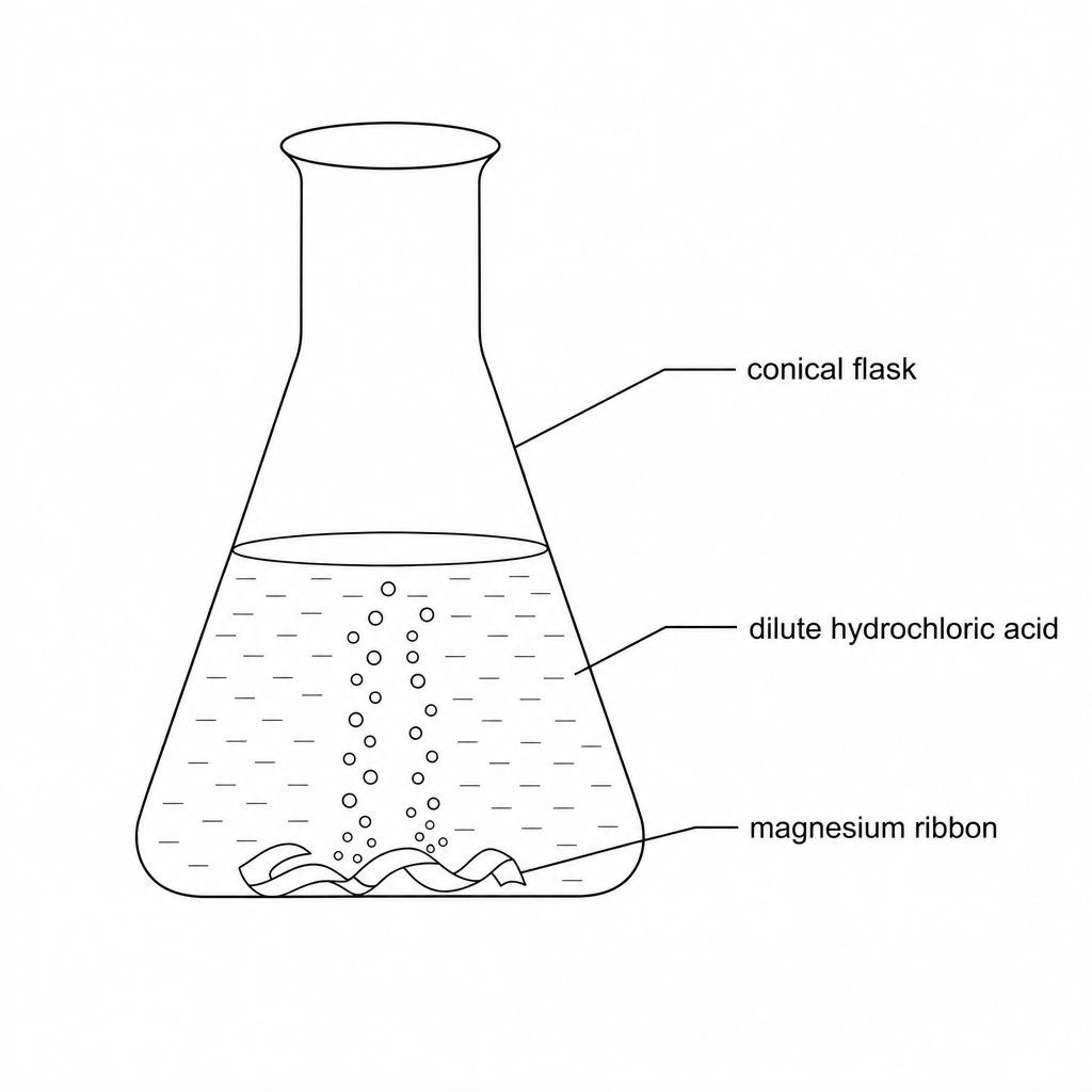A diagram of a conical flask containing a liquid reaction mixture. Bubbles are shown rising from a piece of magnesium ribbon at the bottom of the flask. The neck of the flask is open.