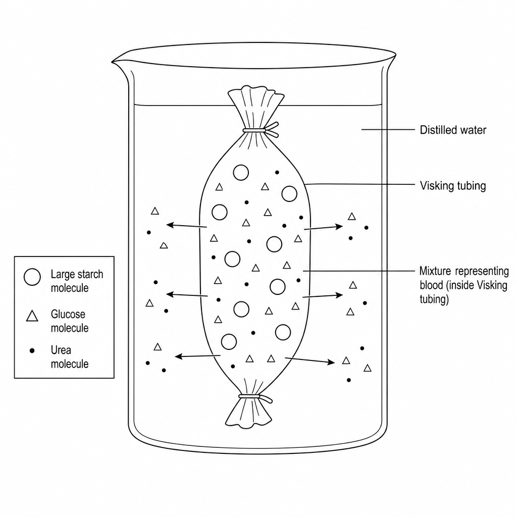 A diagram of the dialysis model. A beaker filled with distilled water contains a tied bag of Visking tubing. Inside the Visking tubing is a solution containing large starch molecules (represented by large circles), glucose molecules (represented by small triangles), and urea molecules (represented by small dots). Arrows indicate small molecules diffusing out of the Visking tubing into the surrounding water, while the large starch molecules remain inside the tubing.