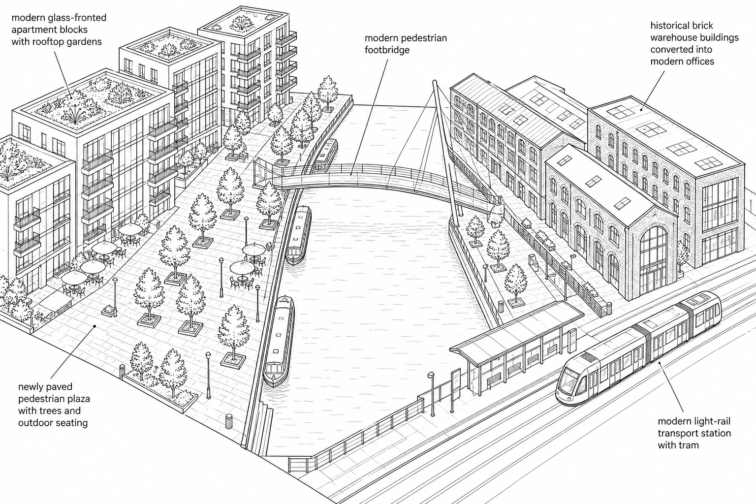 Figure 4: Aerial photograph of a canal basin regeneration zone in Bristol, showing modern glass-fronted apartment blocks with green rooftop gardens, a newly paved pedestrian plaza with trees and outdoor seating next to the canal, historical brick warehouse buildings converted into offices, a newly constructed footbridge across the water, and a modern light-rail transport station nearby with a waiting tram.