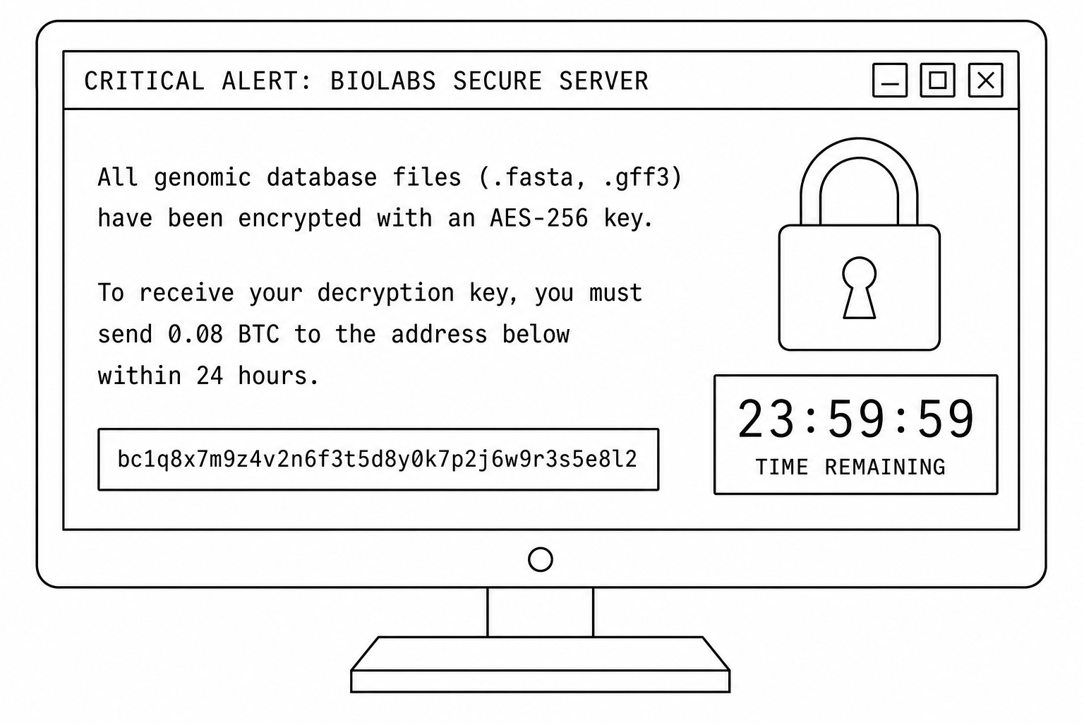 Laboratory database server alert screen showing files have been encrypted and demanding Bitcoin