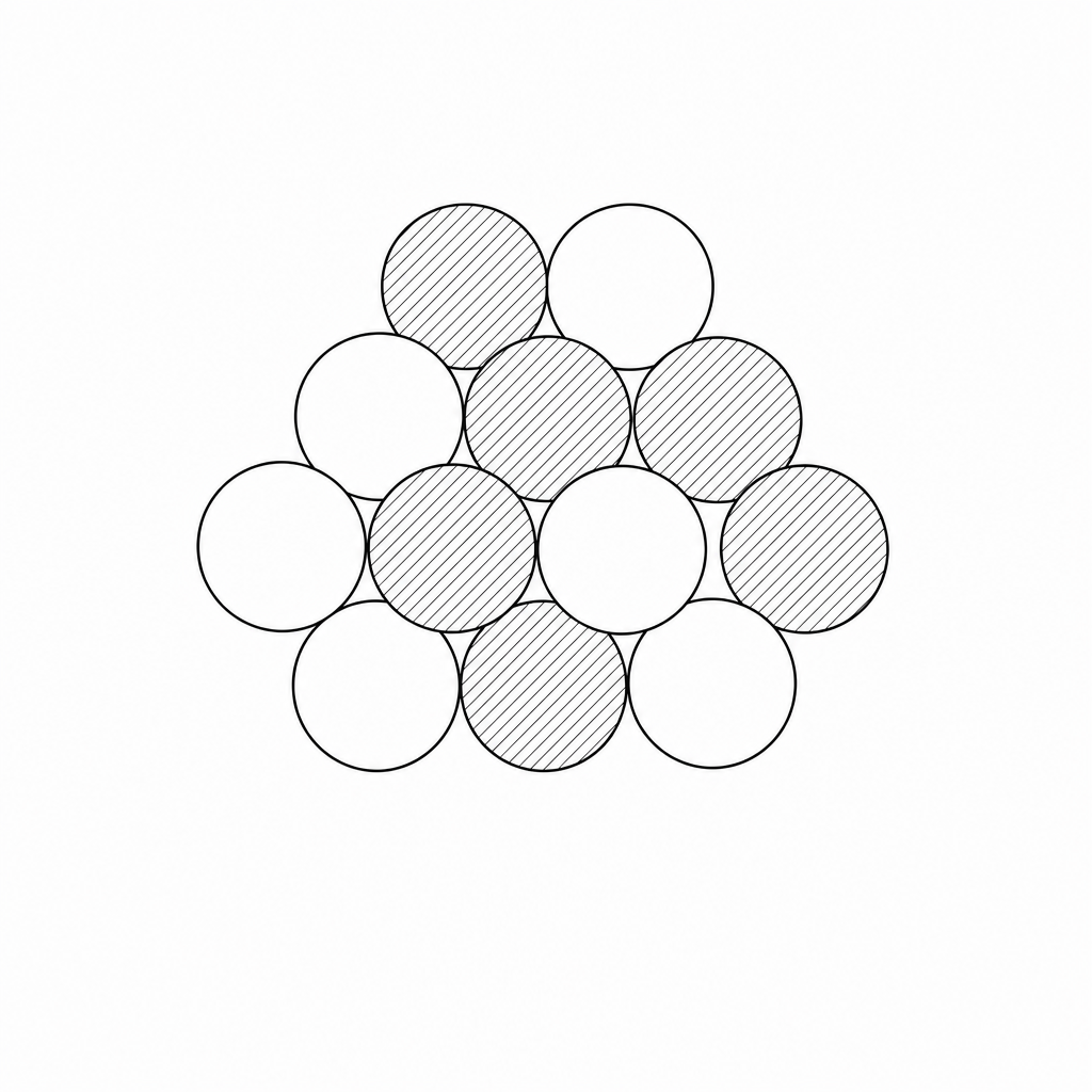 Diagram of a carbon-12 nucleus showing a tightly packed cluster of twelve spheres: six represent neutrons, and six represent protons.