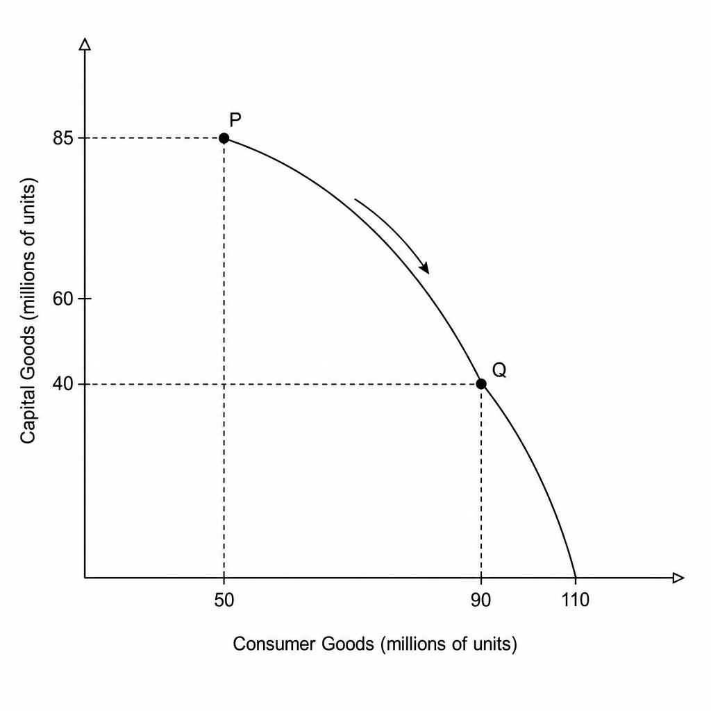 A Production Possibility Frontier (PPF) diagram for an economy.