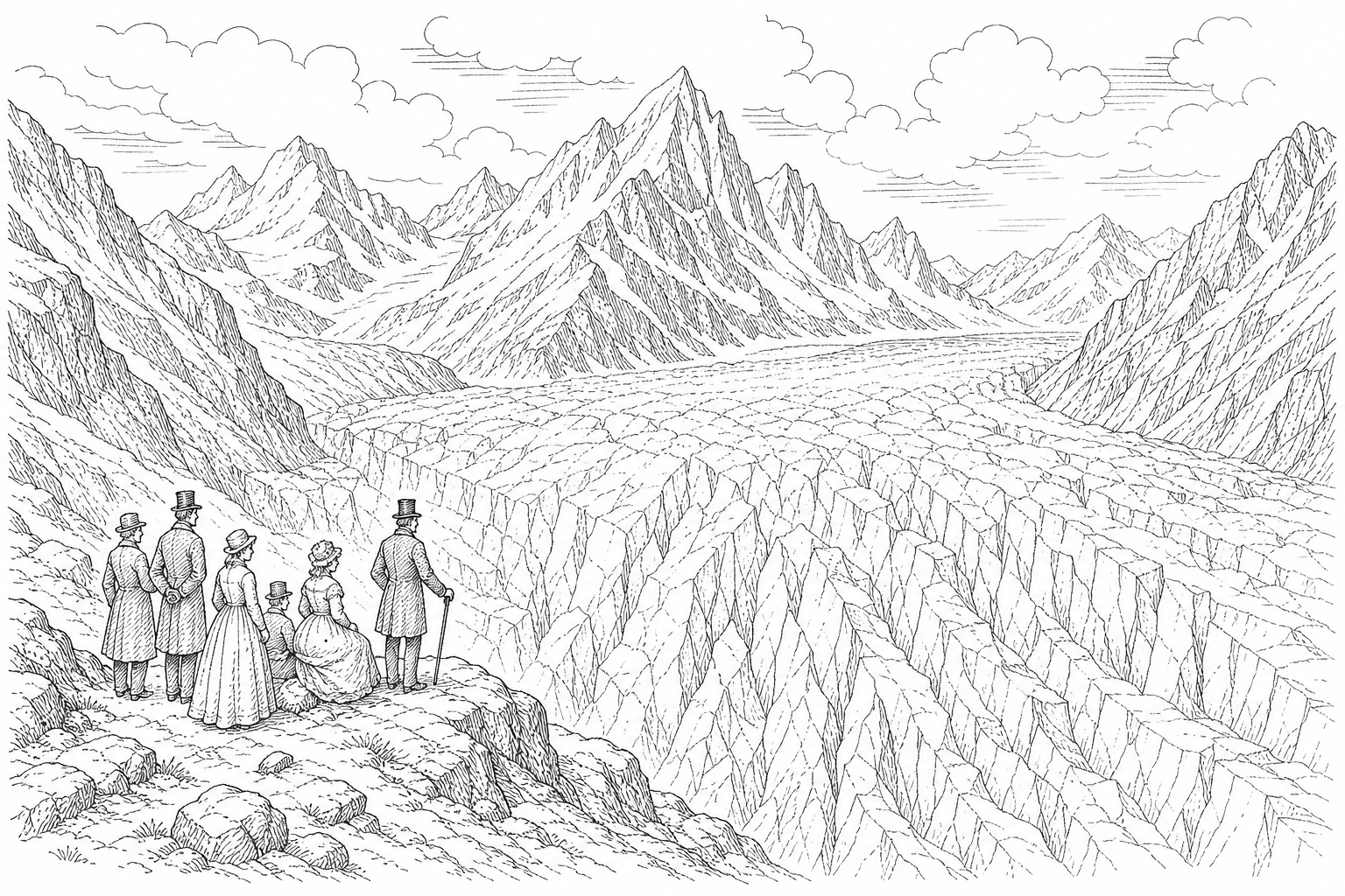 Figure 4: An oil painting from 1850 depicting the Mer de Glace glacier in Chamonix, France. The painting shows ice filling the valley floor, towering over a small group of onlookers in Victorian-era dress. Today, the glacier has retreated hundreds of metres up the mountain, and this valley floor is entirely free of ice, with only bare rock visible from this same perspective.