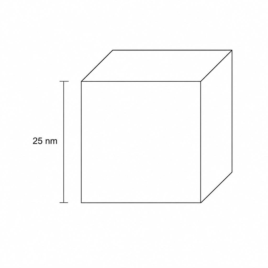 A line drawing of a 3D cube representing a titanium dioxide nanoparticle, with its vertical edge labeled 25 nm.