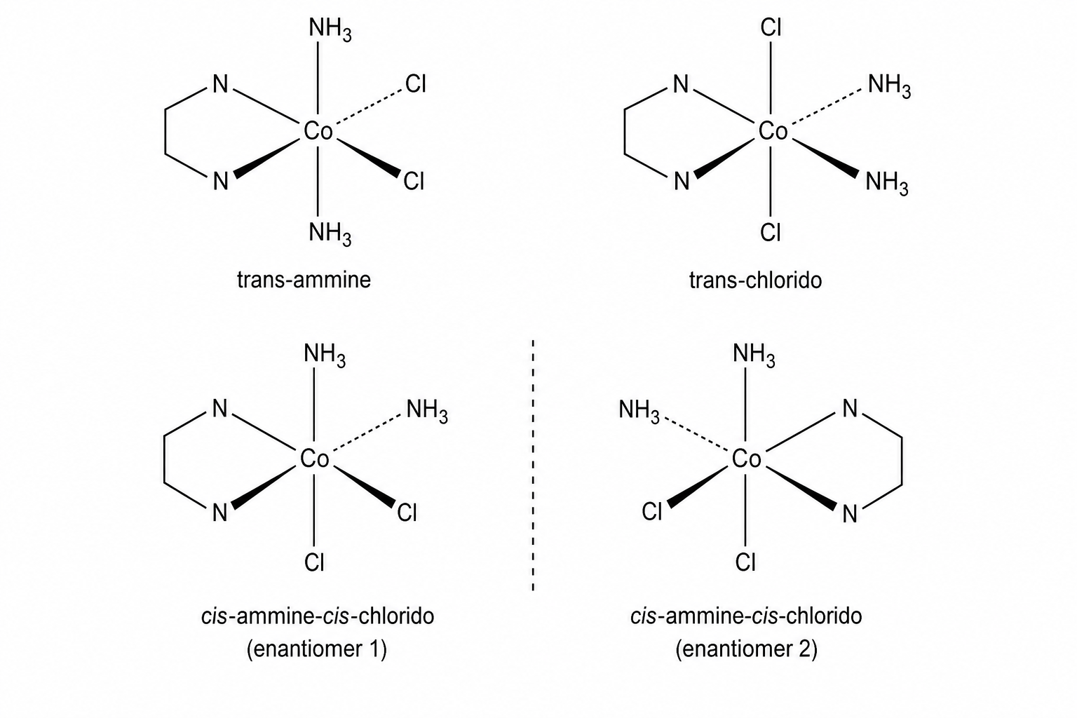 Stereoisomers of the [Co(en)(NH3)2Cl2]+ complex