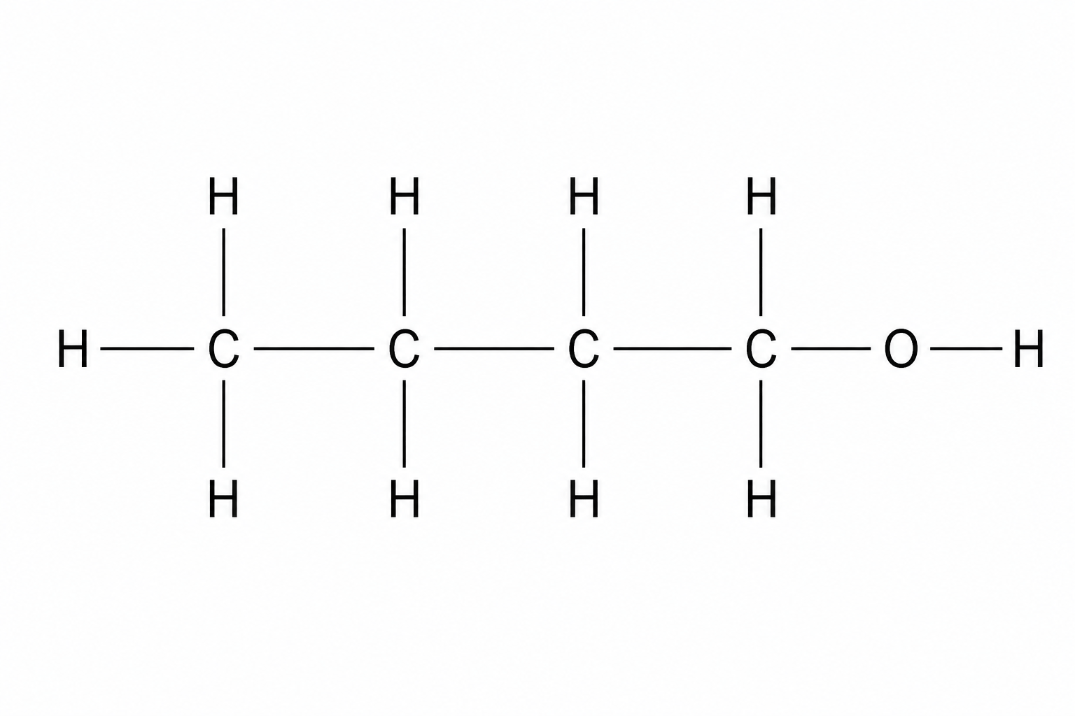 The displayed formula of compound X, which consists of a chain of four carbon atoms. The leftmost carbon is bonded to three hydrogen atoms. The next three carbons are each bonded to two hydrogen atoms (one above and one below). The rightmost carbon is also bonded to an -O-H group on its right. All bonds between carbon atoms and between carbon and oxygen are single covalent bonds.