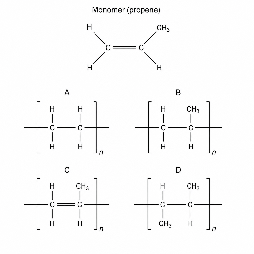Propene monomer and four candidate polymer repeating units