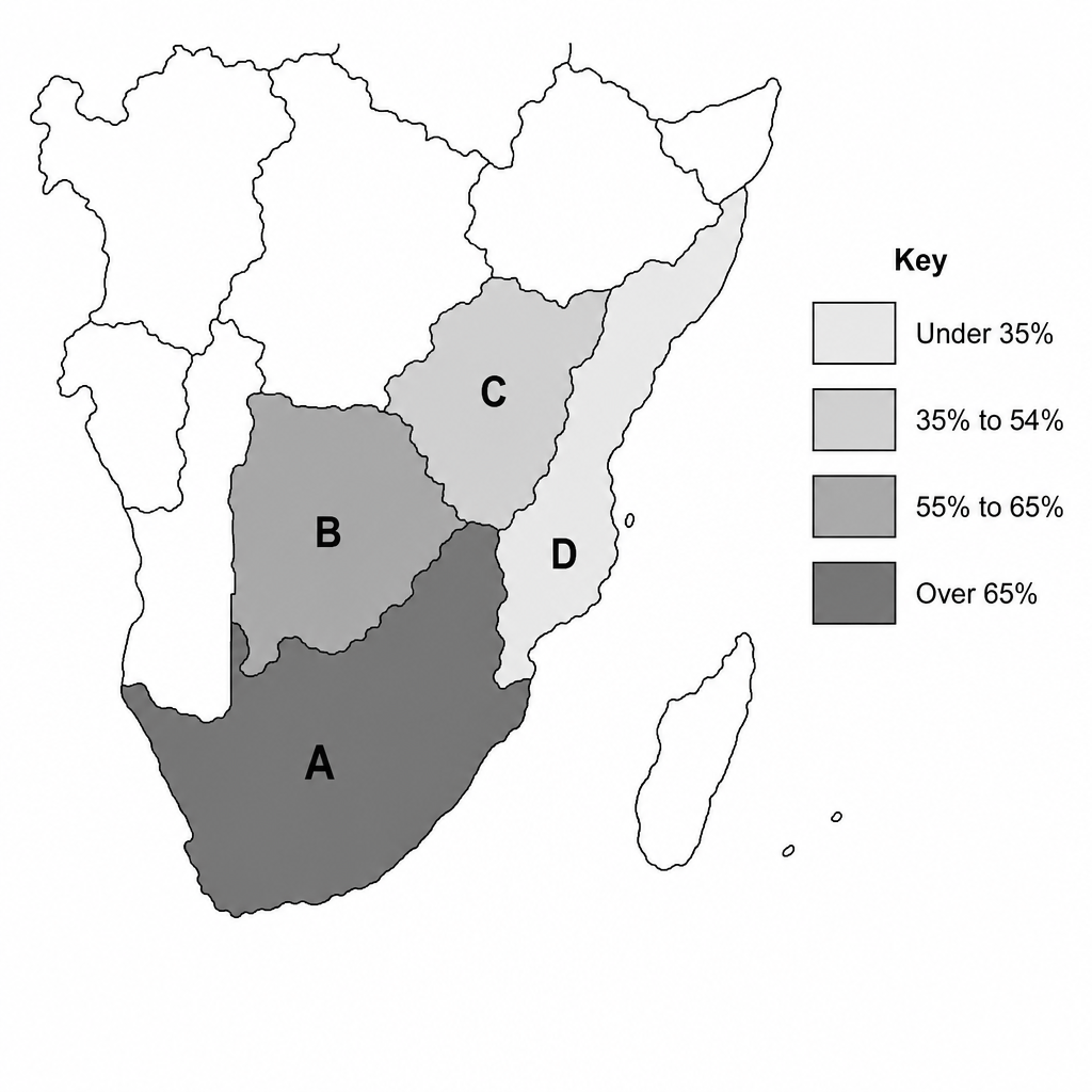 Figure 1: Map of Southern Africa showing urbanization levels.