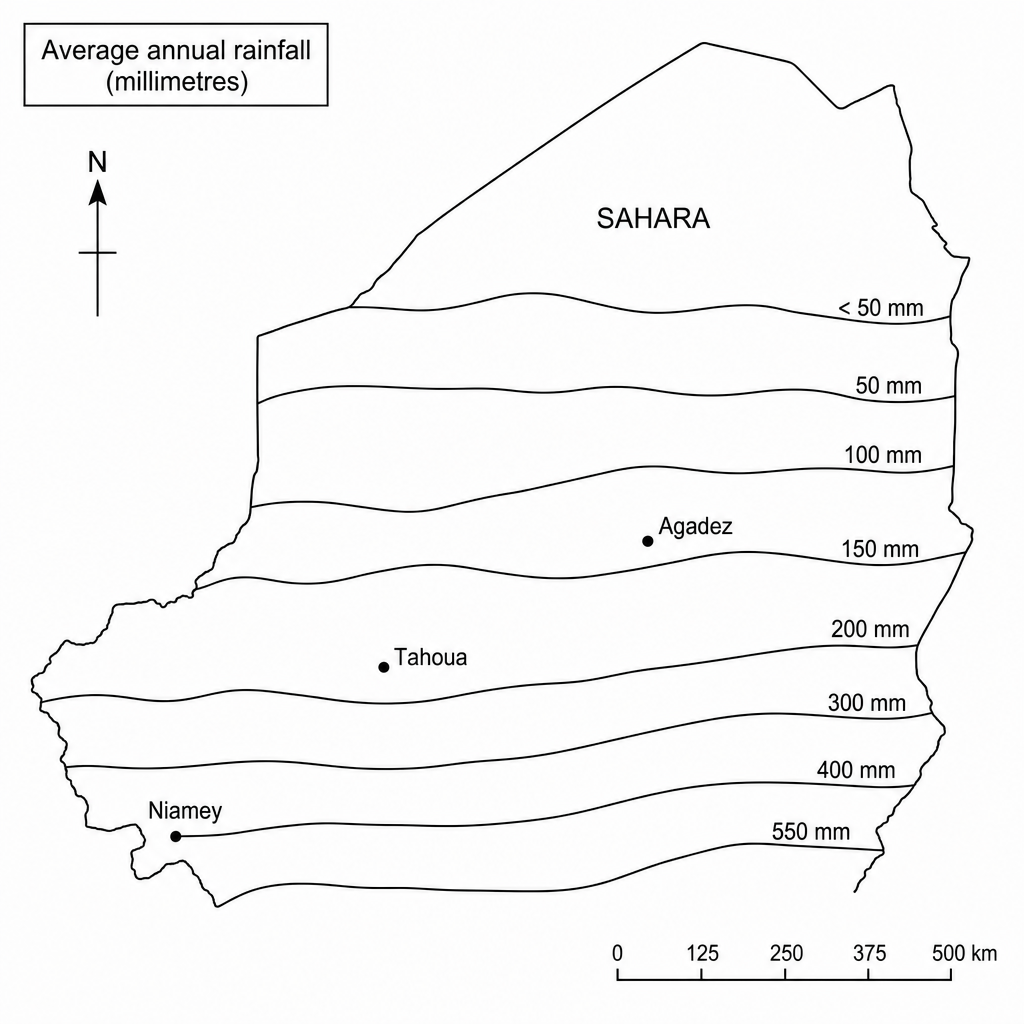 Figure 1: Map of Niger showing average annual rainfall lines (isohyets). The map shows the capital city Niamey in the south-west, where rainfall is approximately 550 mm per year. Moving northwards through Tahoua towards Agadez and the Sahara Desert, the isohyet lines show progressively lower values, decreasing to 150 mm near Agadez and under 50 mm in the far north of the country.