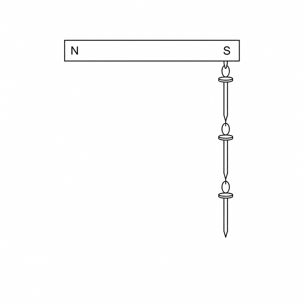 Figure 1: A bar magnet with its North (N) pole on the left and South (S) pole on the right. Three small metal pins are hanging vertically in a chain from the South pole, held in place by induced magnetism.