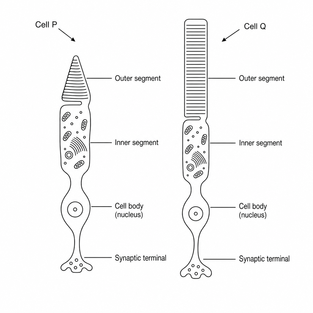 A diagram showing two types of light receptor cells in the human retina. Cell P has a cone-shaped outer segment and is labeled 'Cell P'. Cell Q has a cylindrical, rod-shaped outer segment and is labeled 'Cell Q'. both connect to synaptic terminals at their base.