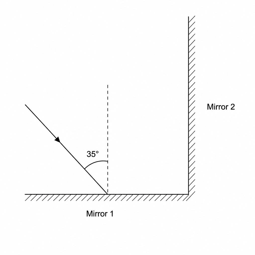 Diagram showing two plane mirrors, Mirror 1 and Mirror 2, joined at a right angle (90 degrees) to form a corner reflector. An incident ray of light is shown hitting Mirror 1.