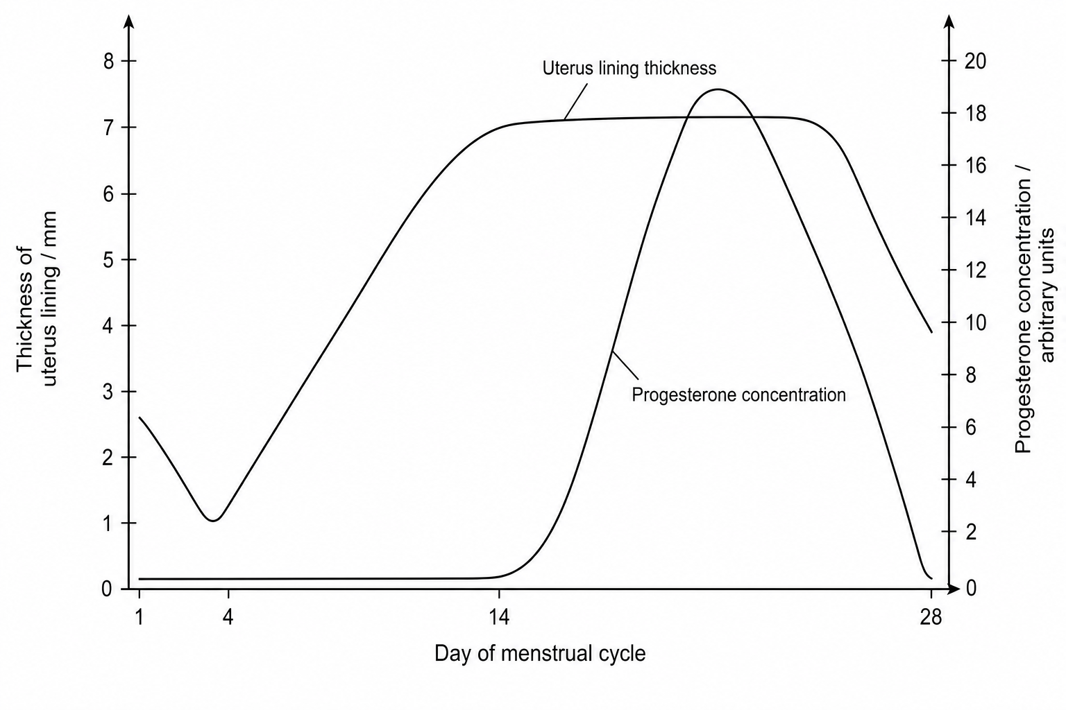 Figure 1: A graph showing the changes in the thickness of the uterus lining and the concentration of the ovarian hormone progesterone during a 28-day menstrual cycle.