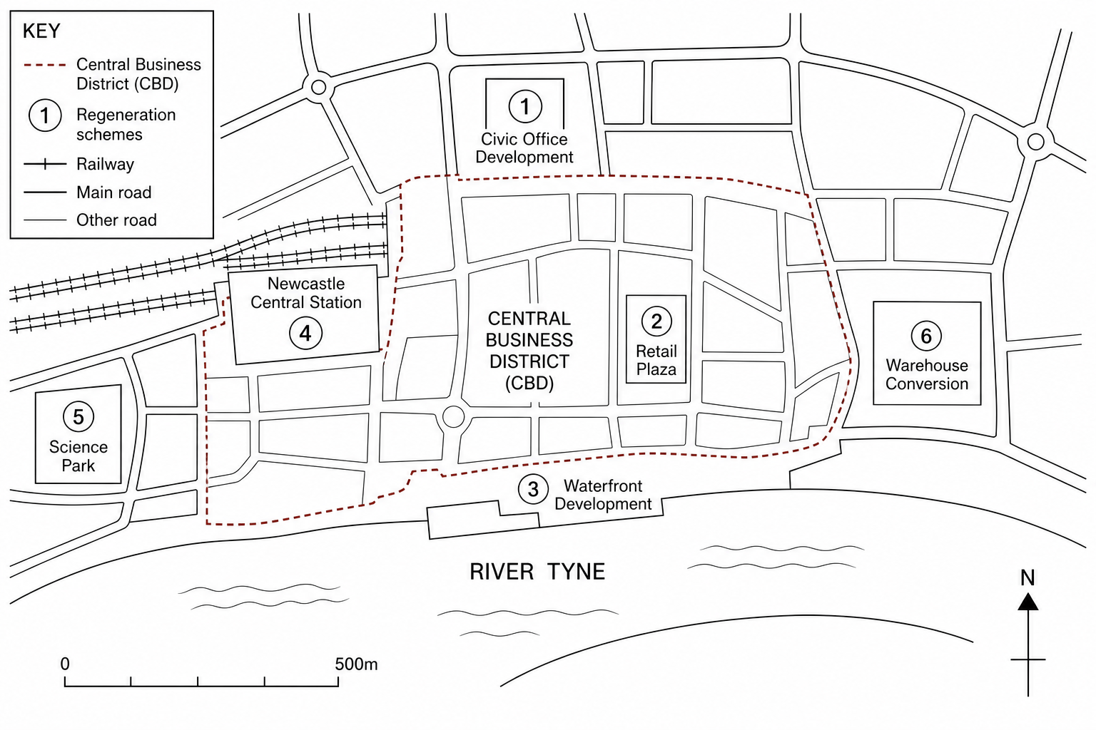 Map of central Newcastle showing six key urban regeneration schemes. A red dashed boundary outlines the main Central Business District (CBD). The River Tyne runs along the southern boundary of the city centre. Six numbered symbols indicate different project sites: Project 1 is a civic office development; Project 2 is a major retail plaza redevelopment in the CBD; Project 3 is a cultural and leisure waterfront development situated directly on the banks of the River Tyne; Project 4 is a transport interchange upgrade at Newcastle Central Station; Project 5 is an innovation and science park on the western edge; Project 6 is a warehouse conversion zone for urban housing. A scale bar shows 0 to 500m and a north arrow is visible.