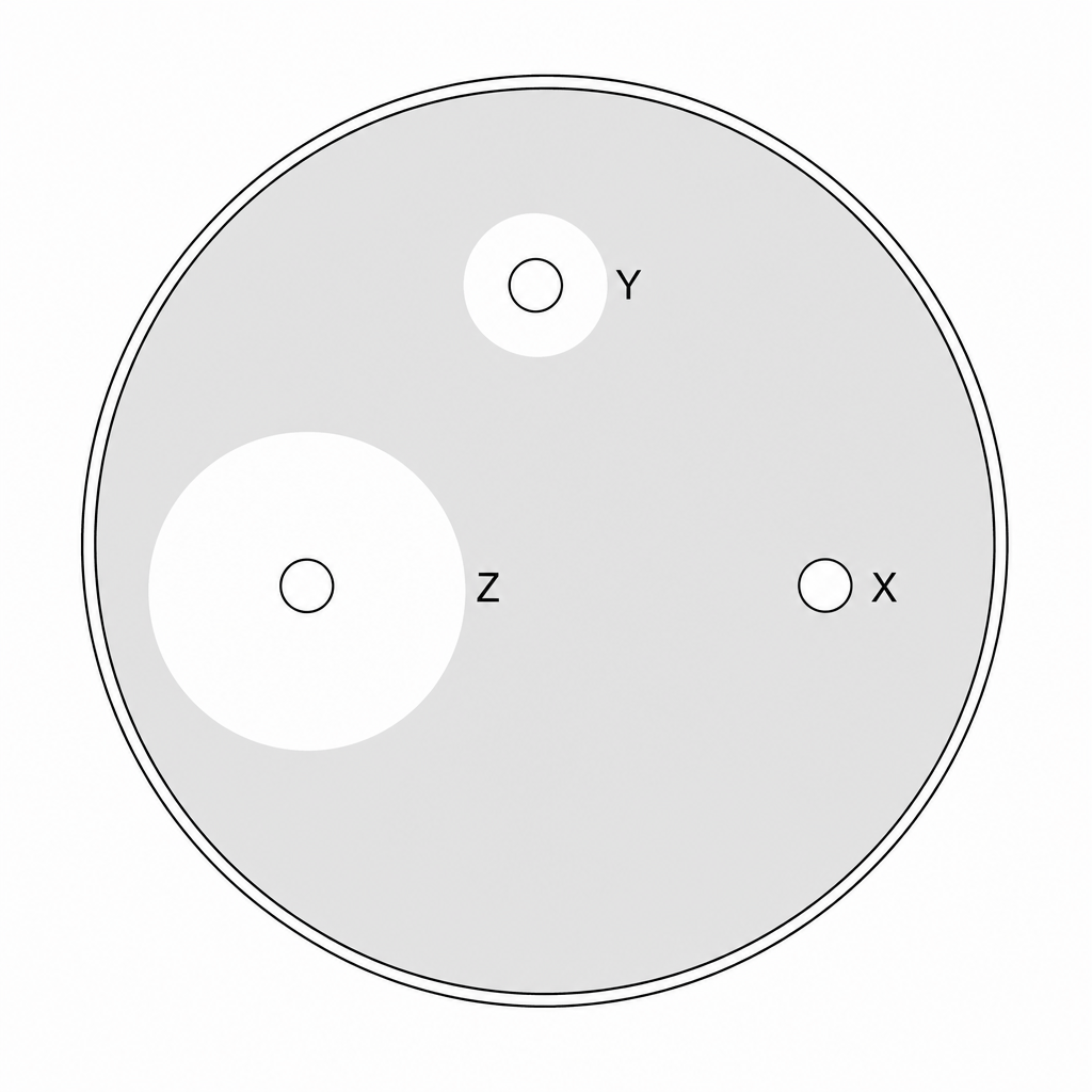 A circular Petri dish containing grey agar representing a lawn of bacterial growth. Three small black circular paper discs are placed on the agar: Disc X on the right has no clear zone around it, with grey bacterial growth right up to the edge. Disc Y at the top has a small, circular white zone of inhibition around it. Disc Z on the left has a much larger circular white zone of inhibition around it.