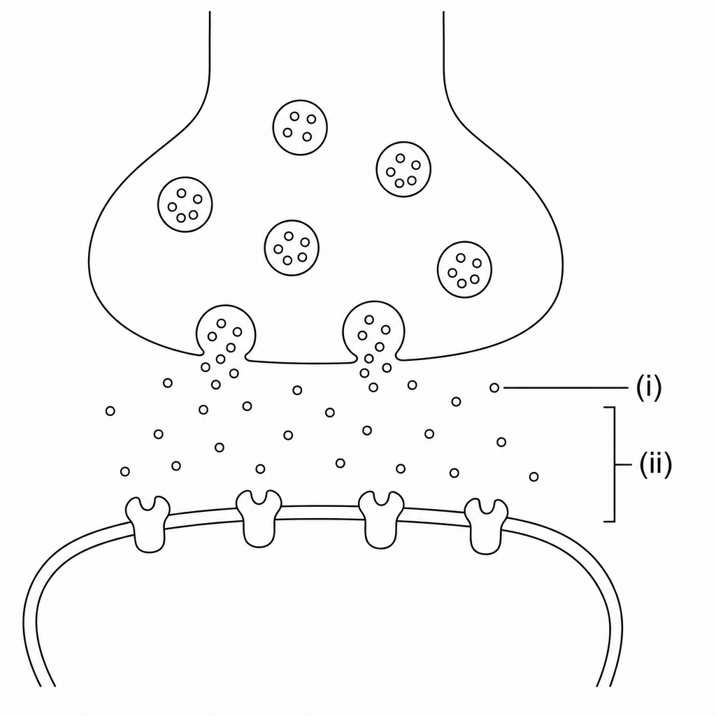 Diagram of synaptic transmission showing a presynaptic terminal, synaptic vesicles, a synaptic cleft, and a postsynaptic membrane with receptors. Pointer (i) points to a small sphere representing a chemical messenger, and bracket (ii) spans the space between the two neurons.