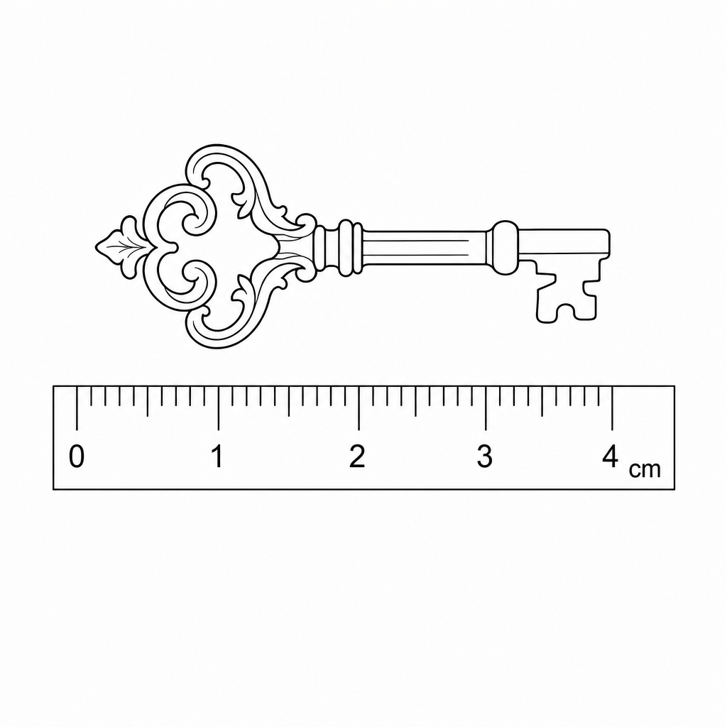 A small, ornate brass key, approximately 4 cm long, showing an irregular shape with detailed carvings on the handle.