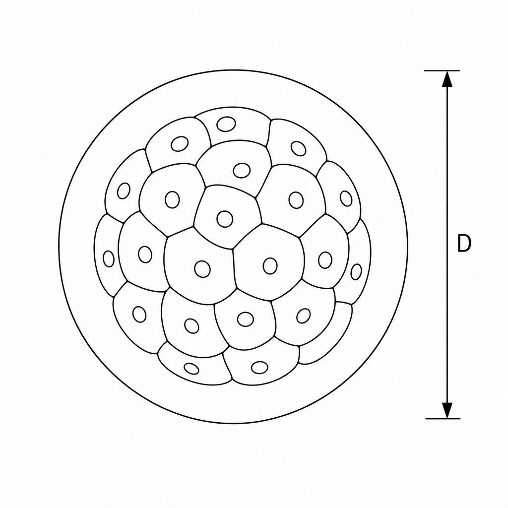 A micrograph of a spherical multi-celled human embryo. A vertical double-headed arrow spanning the outer boundaries of the embryo is labelled D.