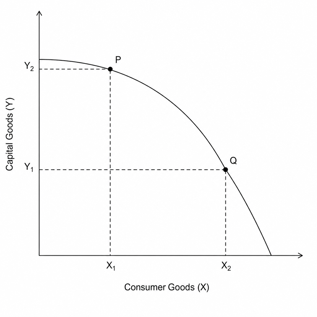 Production Possibility Frontier showing Capital Goods (Y) and Consumer Goods (X)