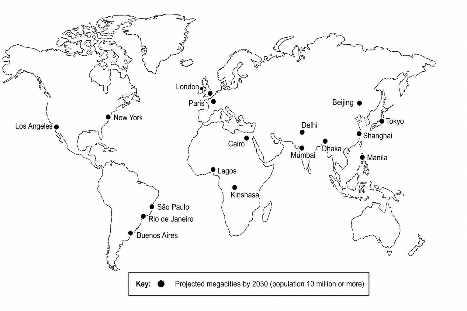 A world map showing the projected distribution of megacities (cities with over 10 million people) by 2030. Megacities are represented by dots. There is a massive concentration of dots in South-East Asia, South Asia, and East Asia (including Tokyo, Delhi, Shanghai, Beijing, Mumbai, Manila, and Dhaka). Africa shows major emerging dots (such as Lagos, Cairo, Kinshasa, and Luanda). In contrast, Europe has very few dots (e.g., London, Paris, Moscow). North America has limited dots (New York, Los Angeles), while South America has a cluster mainly along the coastlines (São Paulo, Rio de Janeiro, Buenos Aires, Bogota).
