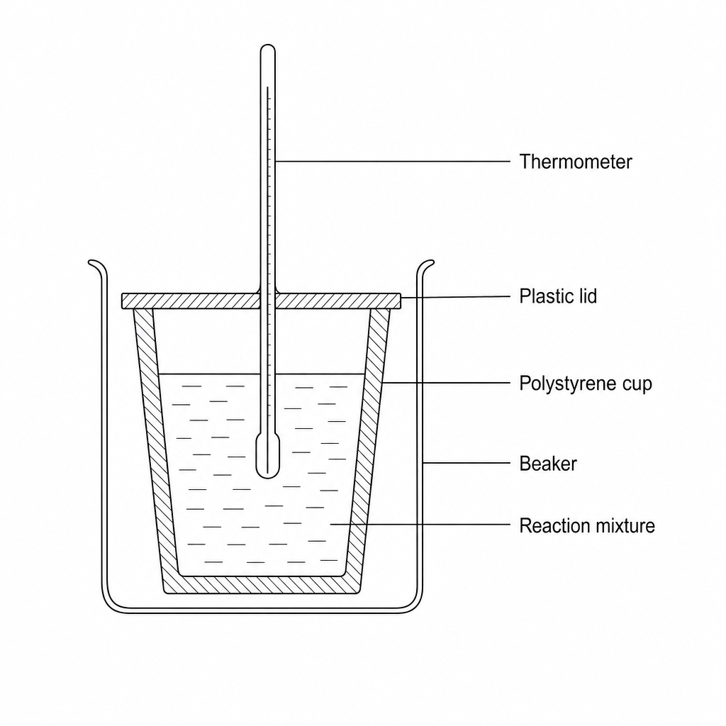 A diagram of a simple beaker-supported calorimeter. An insulated polystyrene cup sits inside a 250 cm³ glass beaker. A plastic lid is placed on top of the cup. A thermometer passes through a small hole in the lid, dipping into the liquid inside the cup.