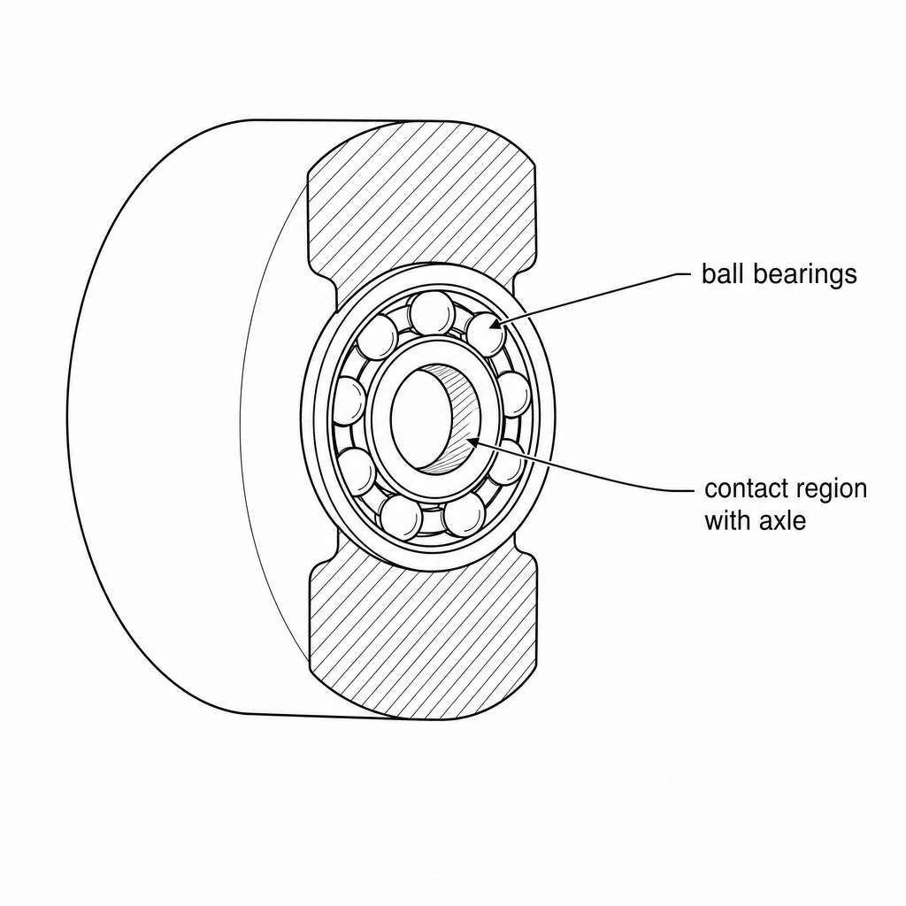 A diagram of a skateboard wheel assembly. An outer polyurethane wheel is shown with a cutaway revealing a metal ball bearing inside. One leader line points to the metal bearing balls and is labeled 'ball bearings'. Another leader line points to the contact region with the axle.