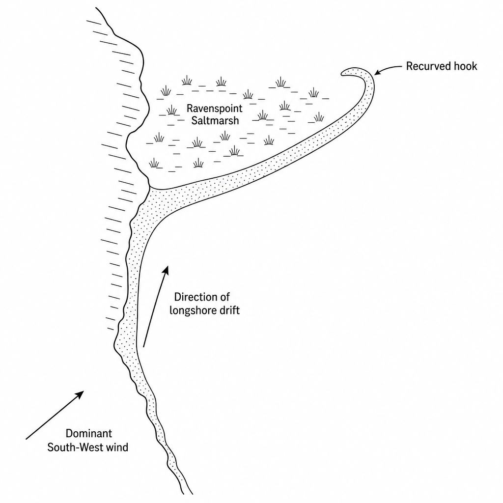 Figure 3b: A simplified coastal map extract of Ravenspoint. The map shows the coastline running North-South, with a spit extending North-East into a bay. Arrows indicate a dominant wind direction from the South-West. An arrow along the beach indicates the direction of longshore drift moving from South-West to North-East. The spit has a recurved hook end pointing inland towards the North-West. Behind the spit, the sheltered marshland is labeled 'Ravenspoint Saltmarsh' with wetland symbols and shallow mudflats.