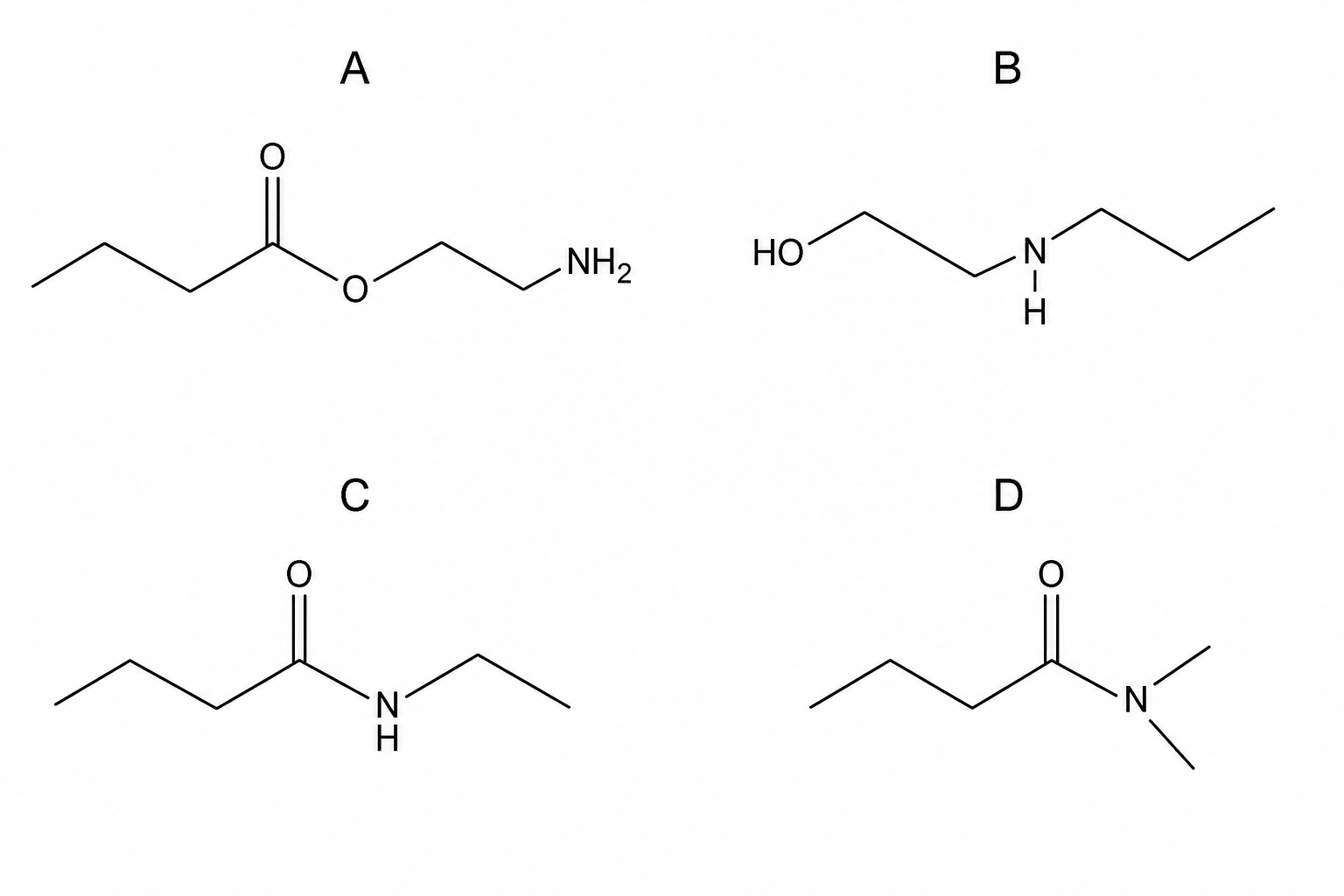 Organic chemical structures labeled A, B, C, and D