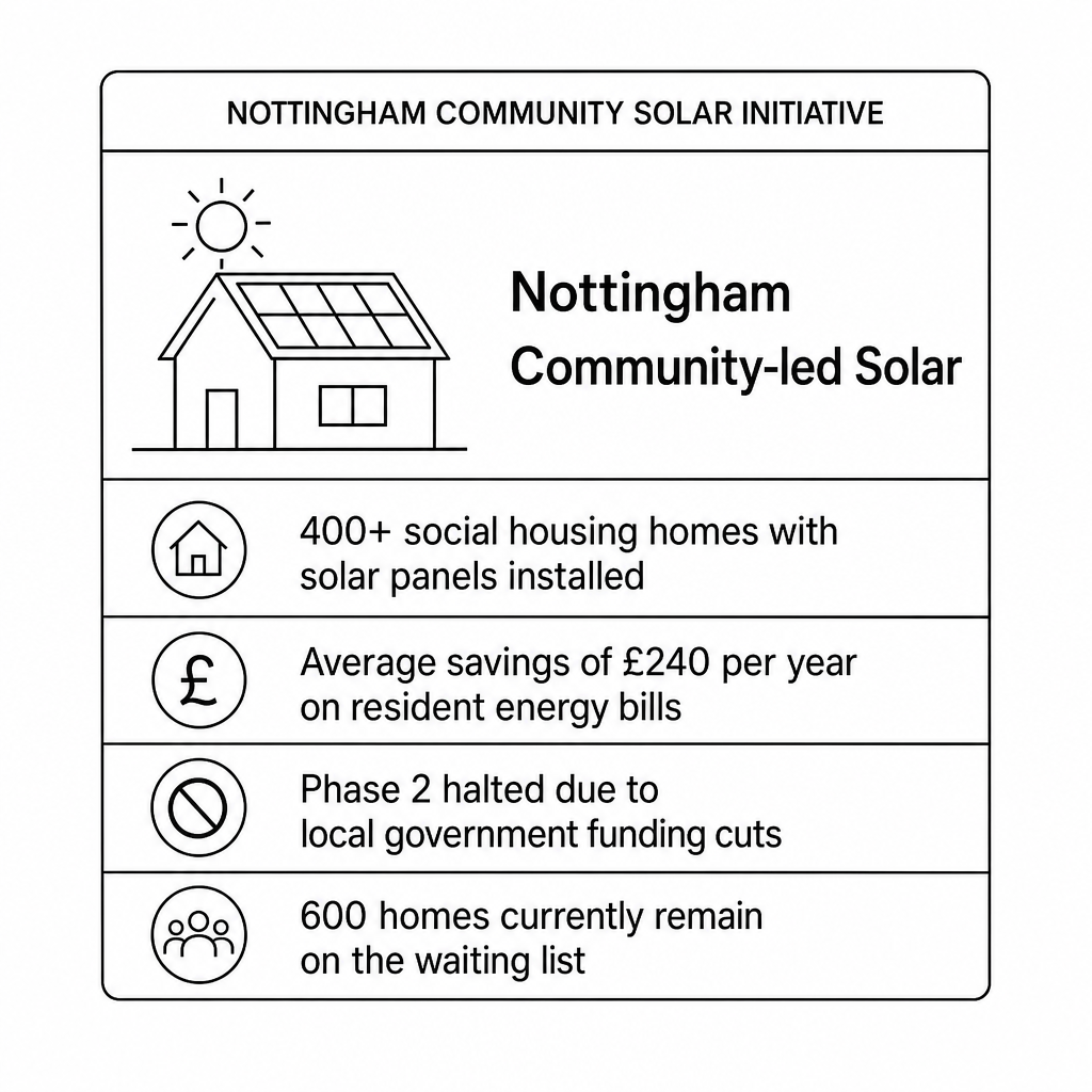 Fig 5: Fact file on Nottingham's community-led solar energy initiative. It shows that over 400 social housing homes have had solar panels installed, saving residents an average of £240 per year on energy bills. However, local government funding cuts halted the expansion of Phase 2, leaving 600 homes on the waiting list.