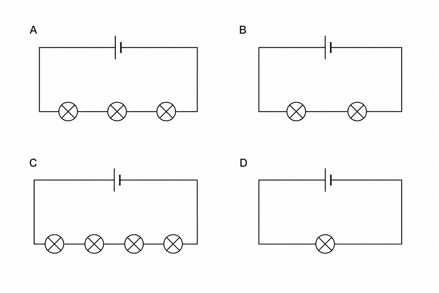 Four circuit diagrams labeled A, B, C, and D