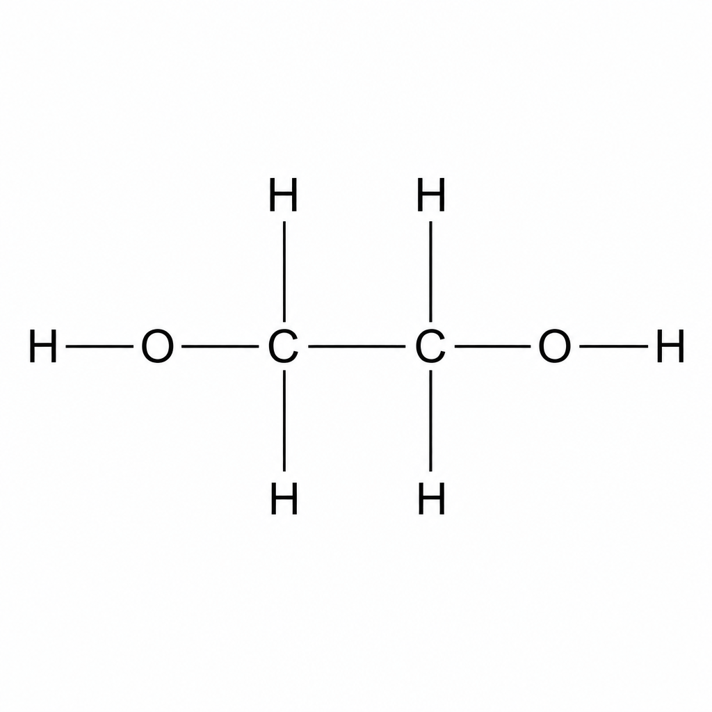 Displayed formula of ethane-1,2-diol. On the left, a hydrogen is single-bonded to an oxygen, which is single-bonded to a carbon. This carbon has one hydrogen single-bonded above it and one hydrogen single-bonded below it. This carbon is single-bonded to a second carbon to its right. The second carbon has one hydrogen single-bonded above it and one hydrogen single-bonded below it. This second carbon is also single-bonded to an oxygen to its right, which is single-bonded to a hydrogen.